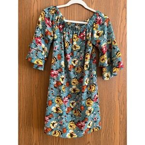 Blue Floral Bell Sleeve Dress - XS